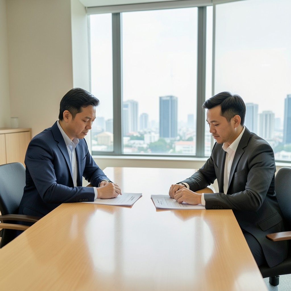 Two analysts reviewing fleet printouts at a bright Bangkok office table