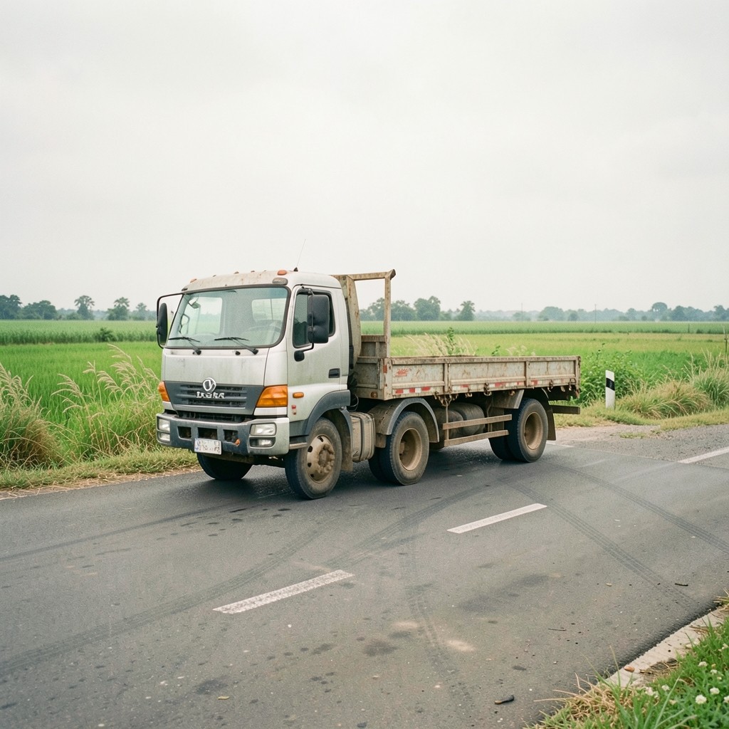 Empty flatbed truck returning along a rural Thai highway
