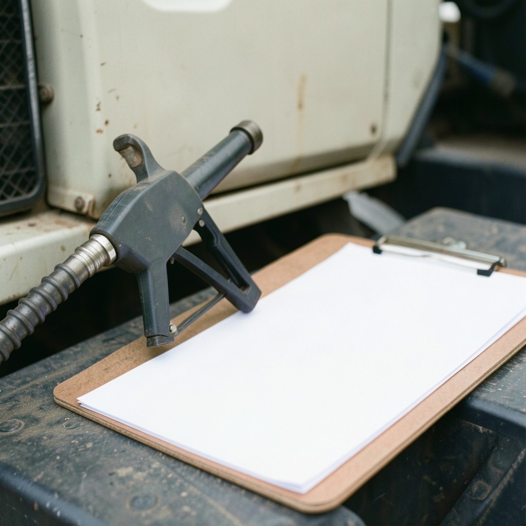 Fuel pump nozzle and paper trip sheet on a clipboard near a truck cab