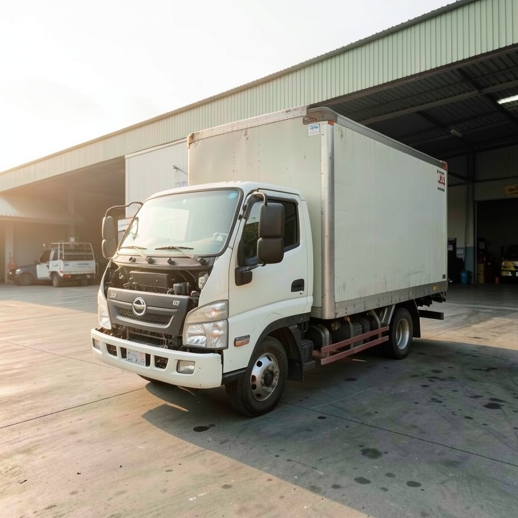 Truck parked at a loading bay with engine bay visible in soft daylight