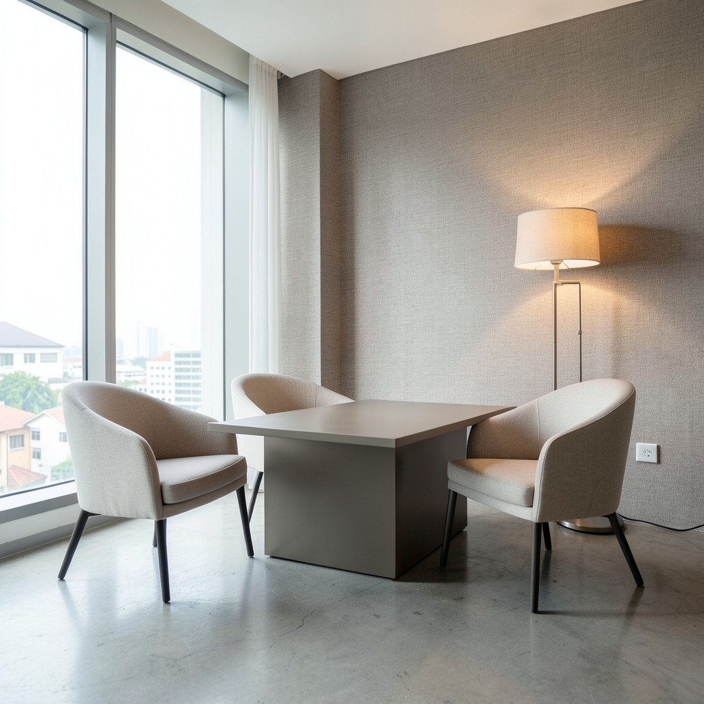 Quiet meeting corner in a Bangkok office with soft neutral light