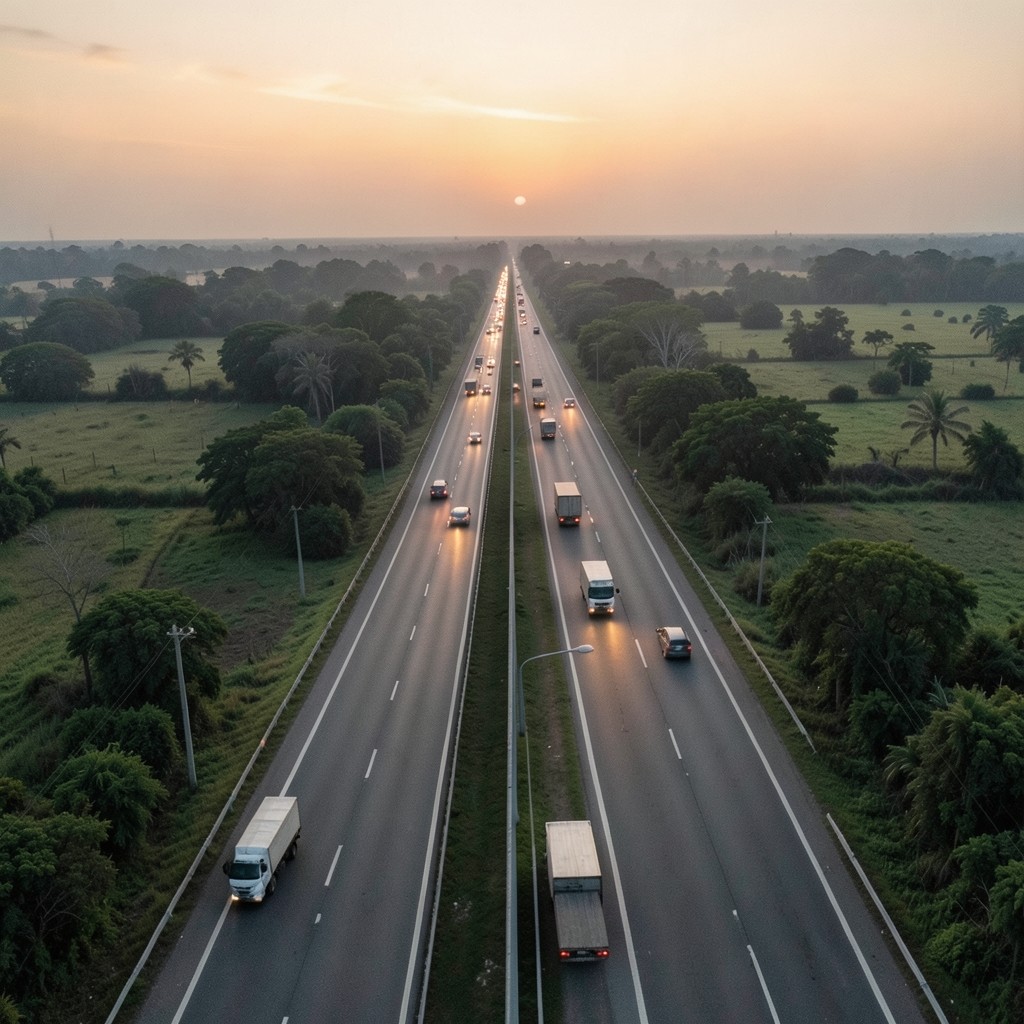Aerial view of a Thai highway freight corridor at dusk