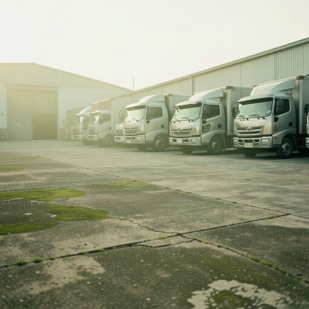 Freight trucks lined at a Bangkok depot in soft morning light