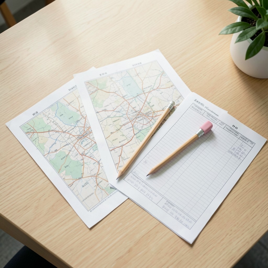 Analyst reviewing printed fleet route maps and fuel logs on a desk
