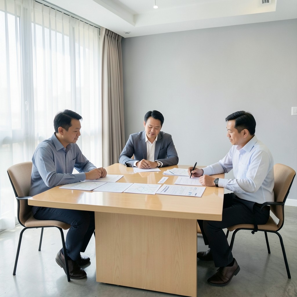 Small group of fleet staff around a table with route printouts