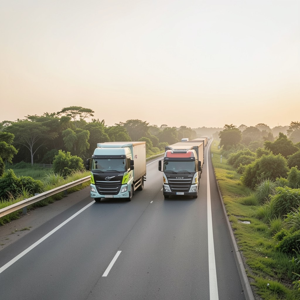 Highway corridor with freight trucks under soft morning light